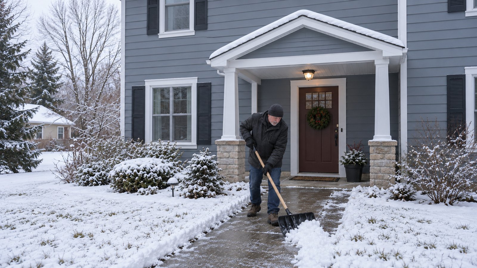 Prepare the winter entrance Man using a snow shovel on a private walkway below a complete snowy porch roof