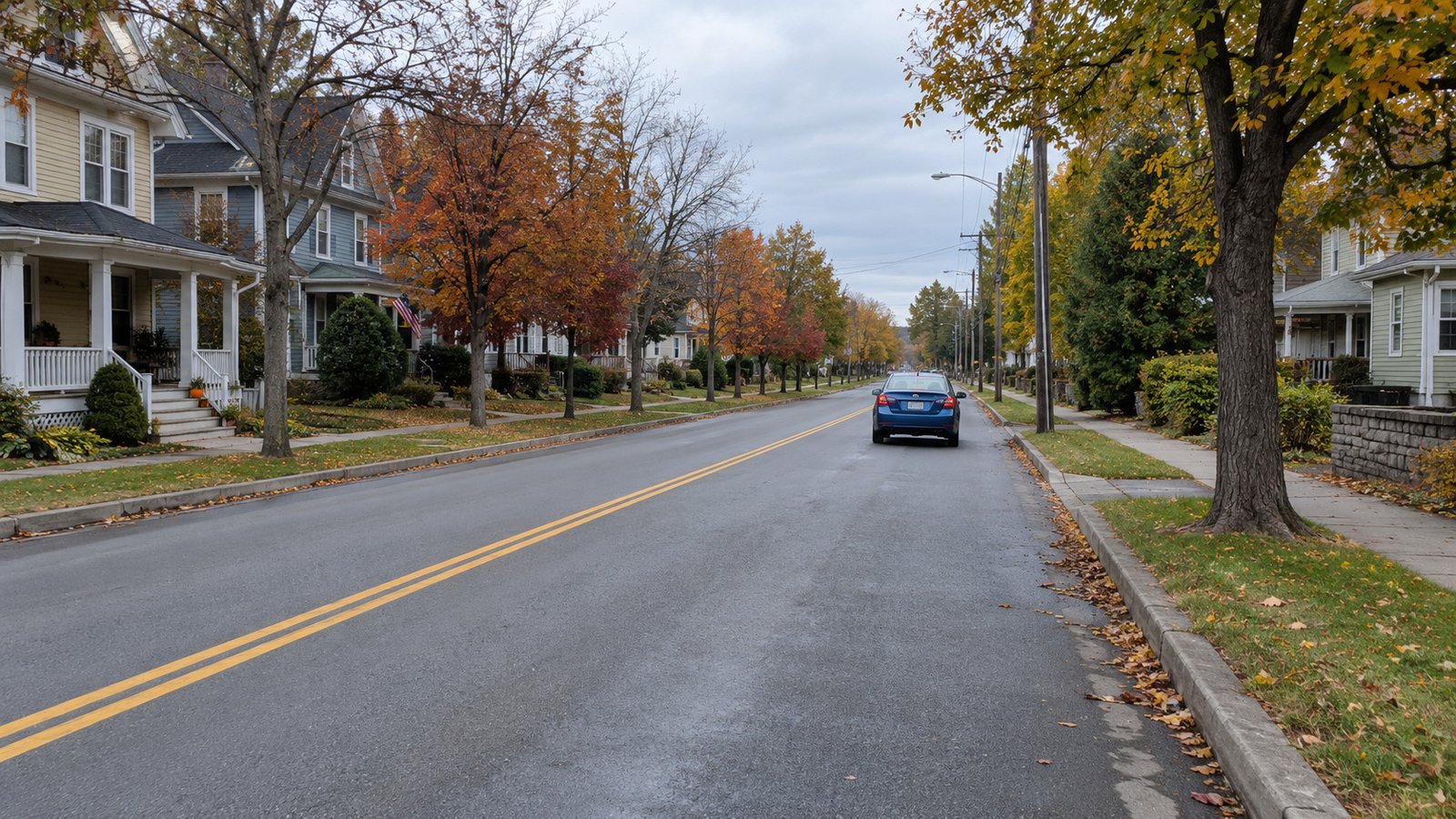 Test the actual journey Blue sedan travelling away in the right lane of a two-lane residential road