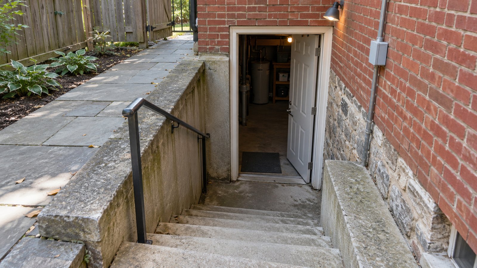 Include the route for basement contents Concrete stairs descending between retaining walls to an open basement door and level bottom landing.