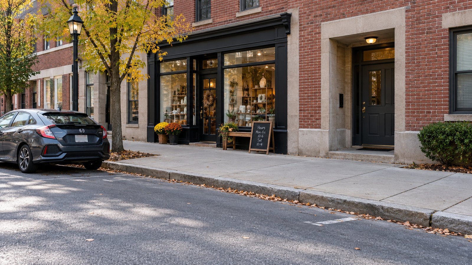 Distinguish curb space from the residential entrance An empty curb segment and continuous sidewalk outside a brick shopfront and separate inset residential door.