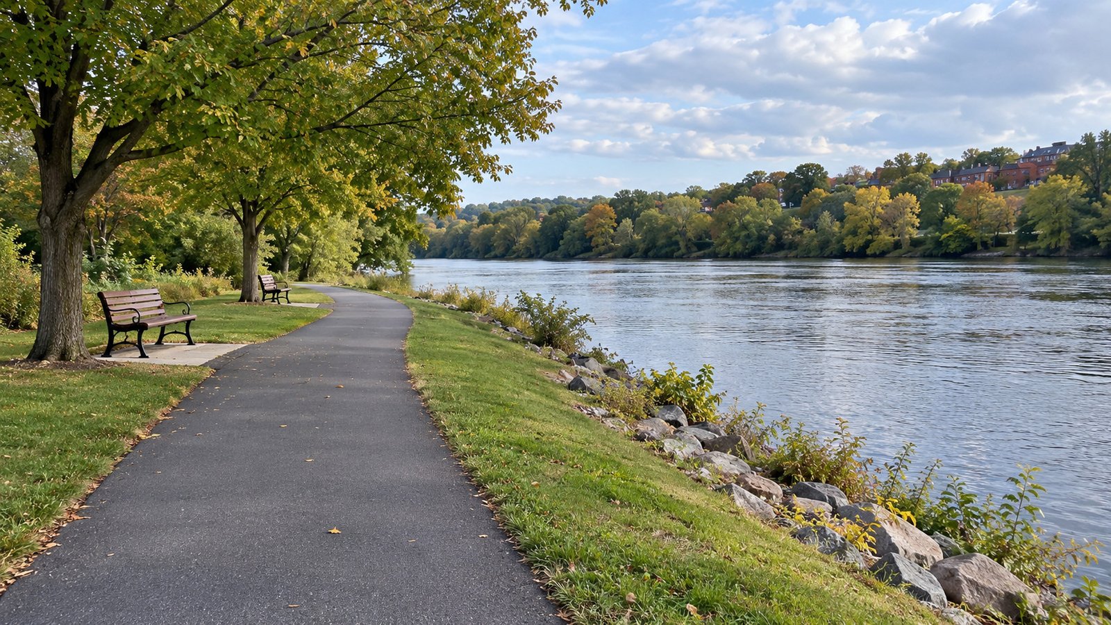 A riverside walk in the household week A paved path beside a broad inland river, with two supported benches and trees outside the walking surface.