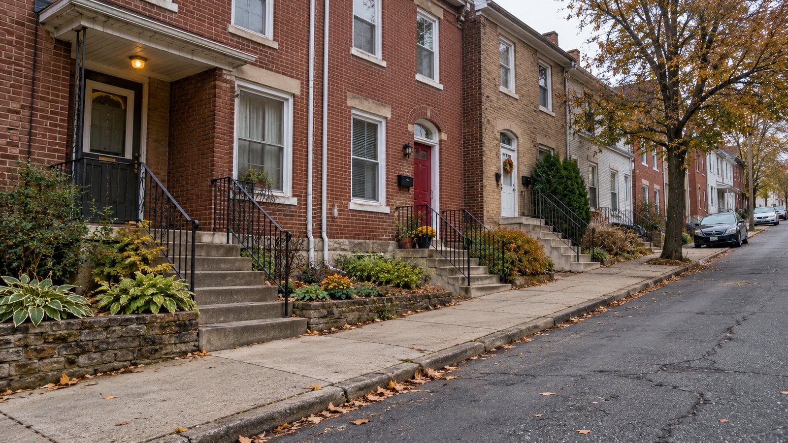 Review the frontage for the actual home Attached brick homes with separate raised entrances beside a sloping public sidewalk and street.