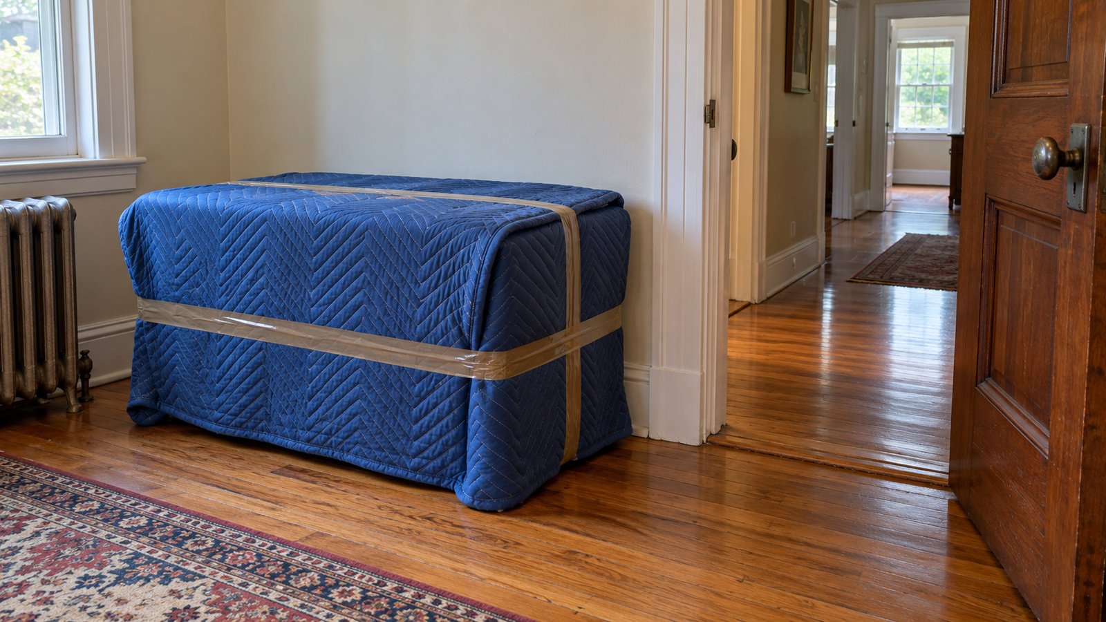 Protect the piece before carrying A compact rectangular chest completely covered by overlapping quilted moving blankets beside a clear open doorway.