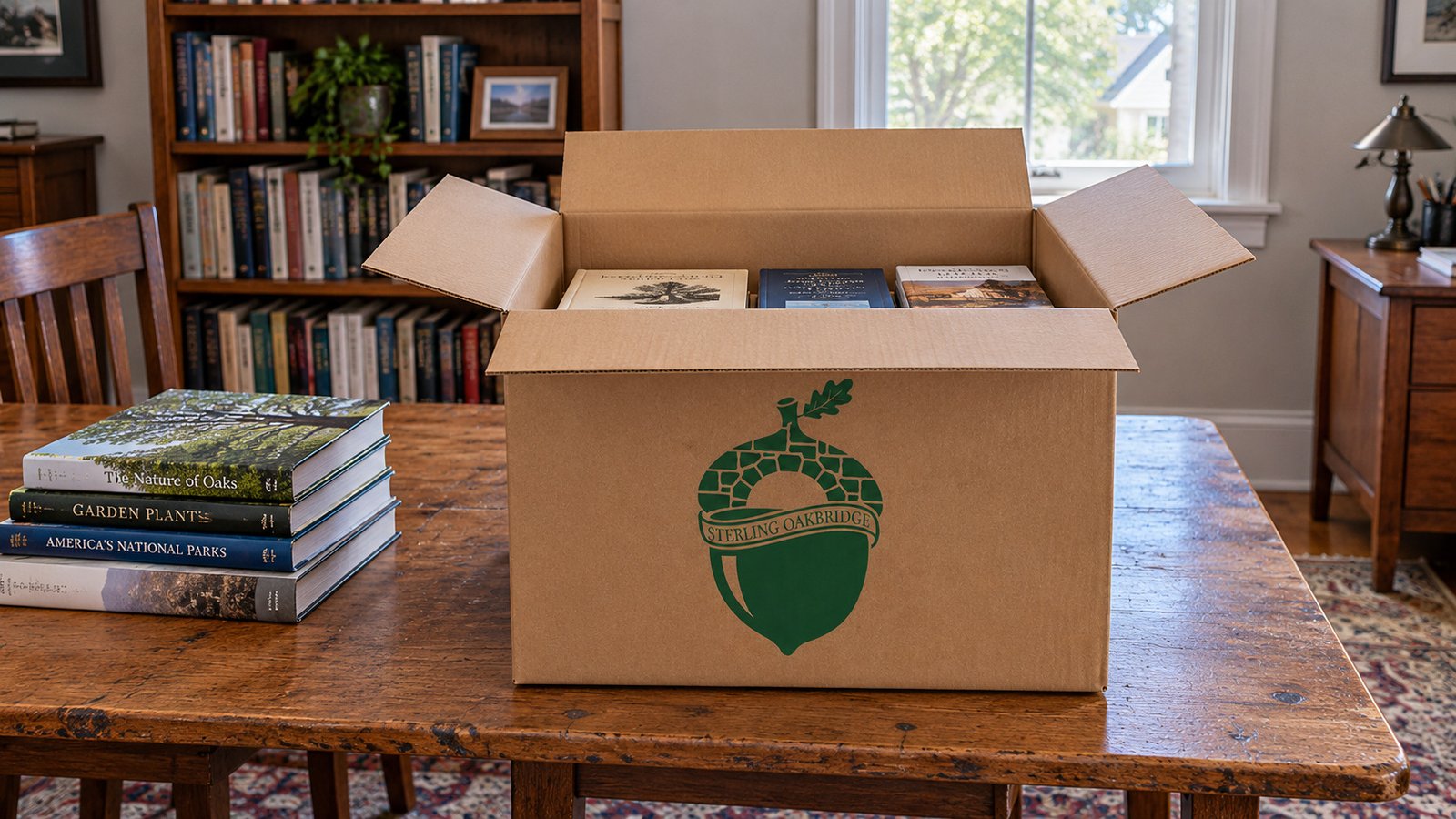 Identify the selected book-packing group An open small kraft book carton partly filled with books on a supported wooden table, with another book group beside it.