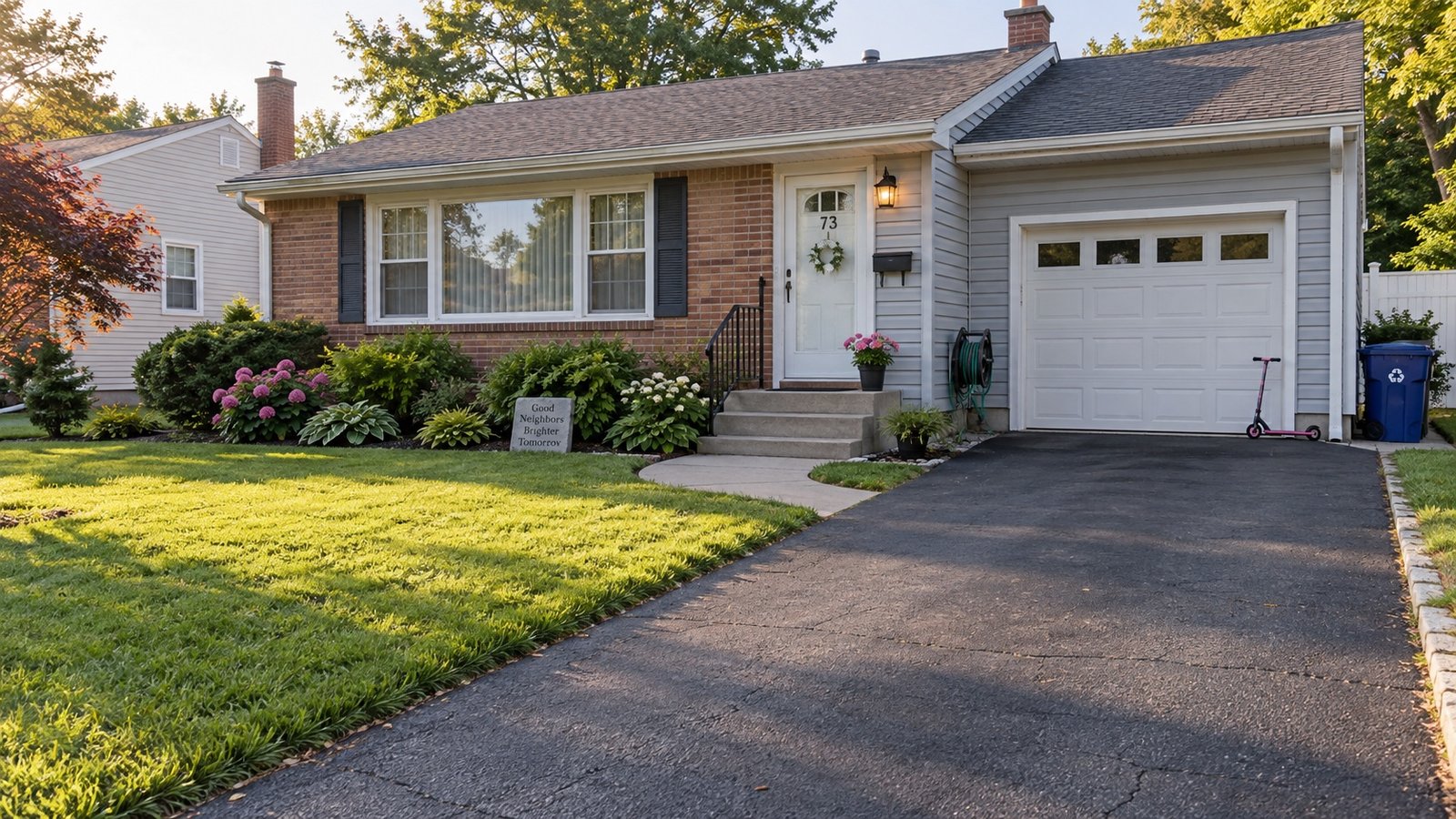 A ranch house with a long driveway, attached garage and a concrete walk to the front door.