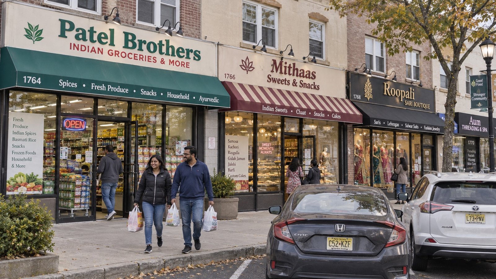 A corridor of small storefronts with striped awnings and parked cars under soft daylight.