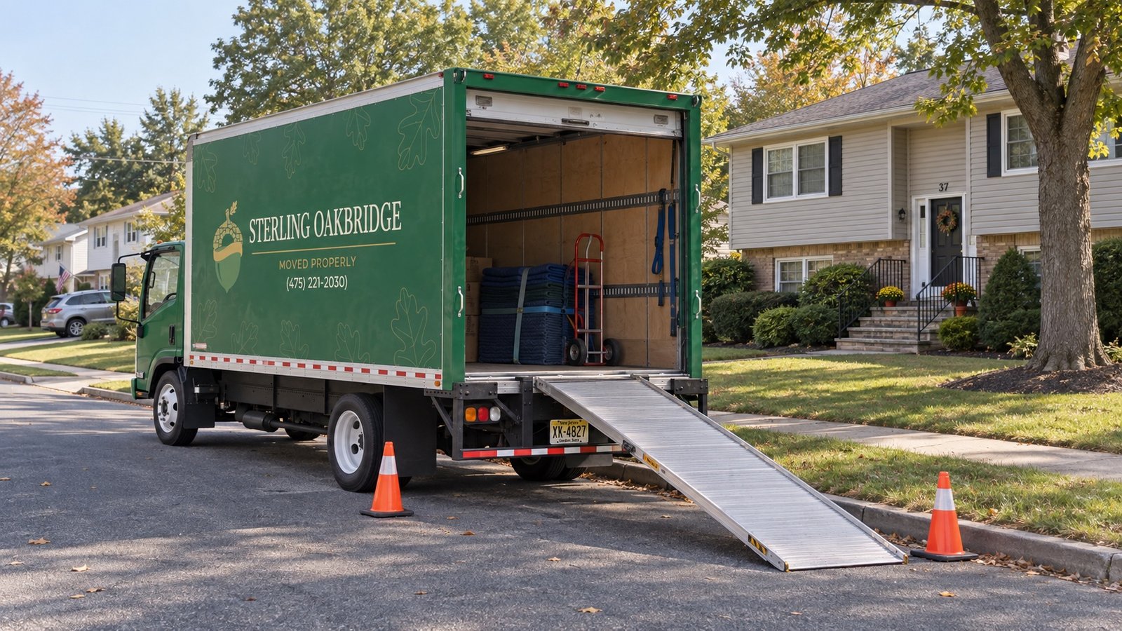 A dark green moving truck with an open rear door and a ramp resting by a suburban curb.