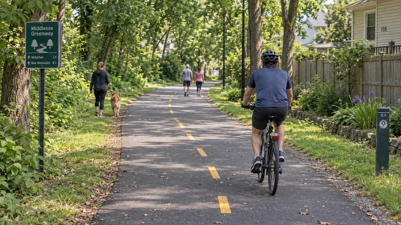 A paved rail-trail with walkers and cyclists passing trees and back fences.