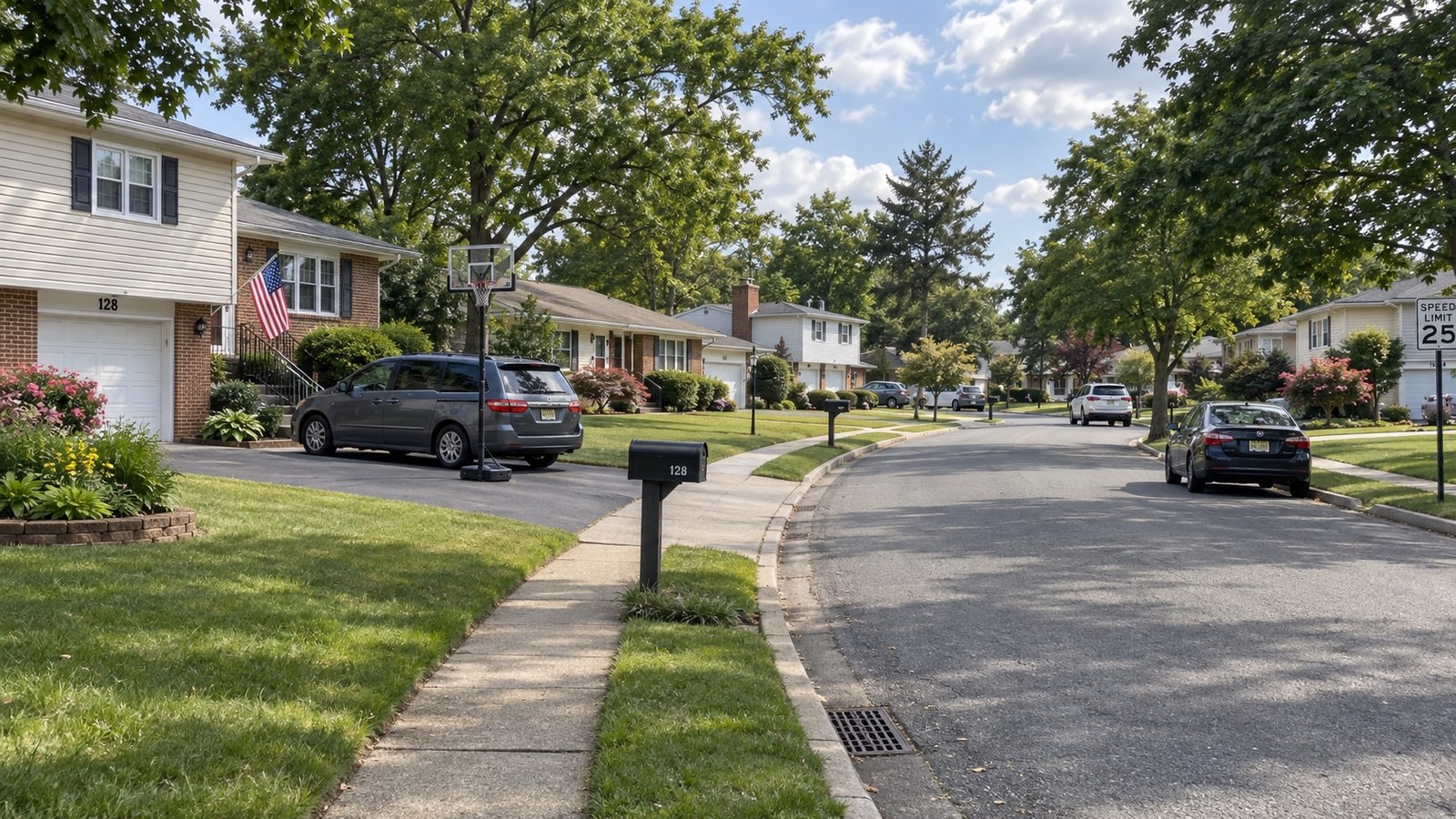 A suburban street of post-war split-level and ranch homes with driveways and mature trees.