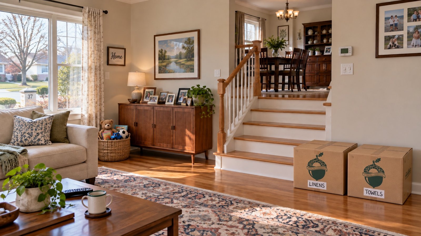A furnished living room in a split-level home with sealed moving boxes stacked by the stairs.