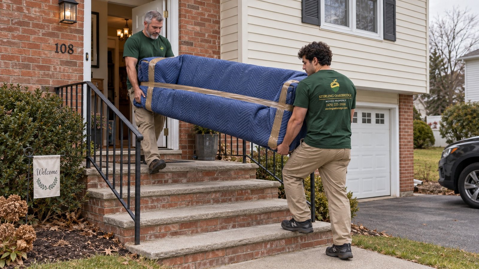Two movers carry a blanket-protected sofa down the brick entry steps of a split-level home.