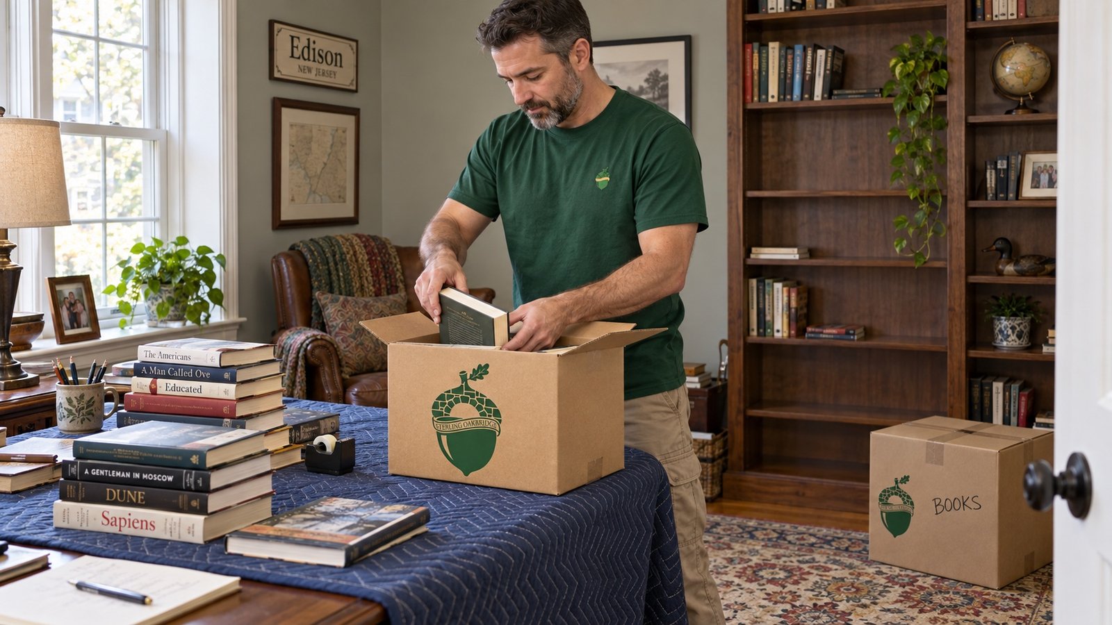 A Sterling Oakbridge mover packing books into a small branded Book carton on a blanket-protected desk.
