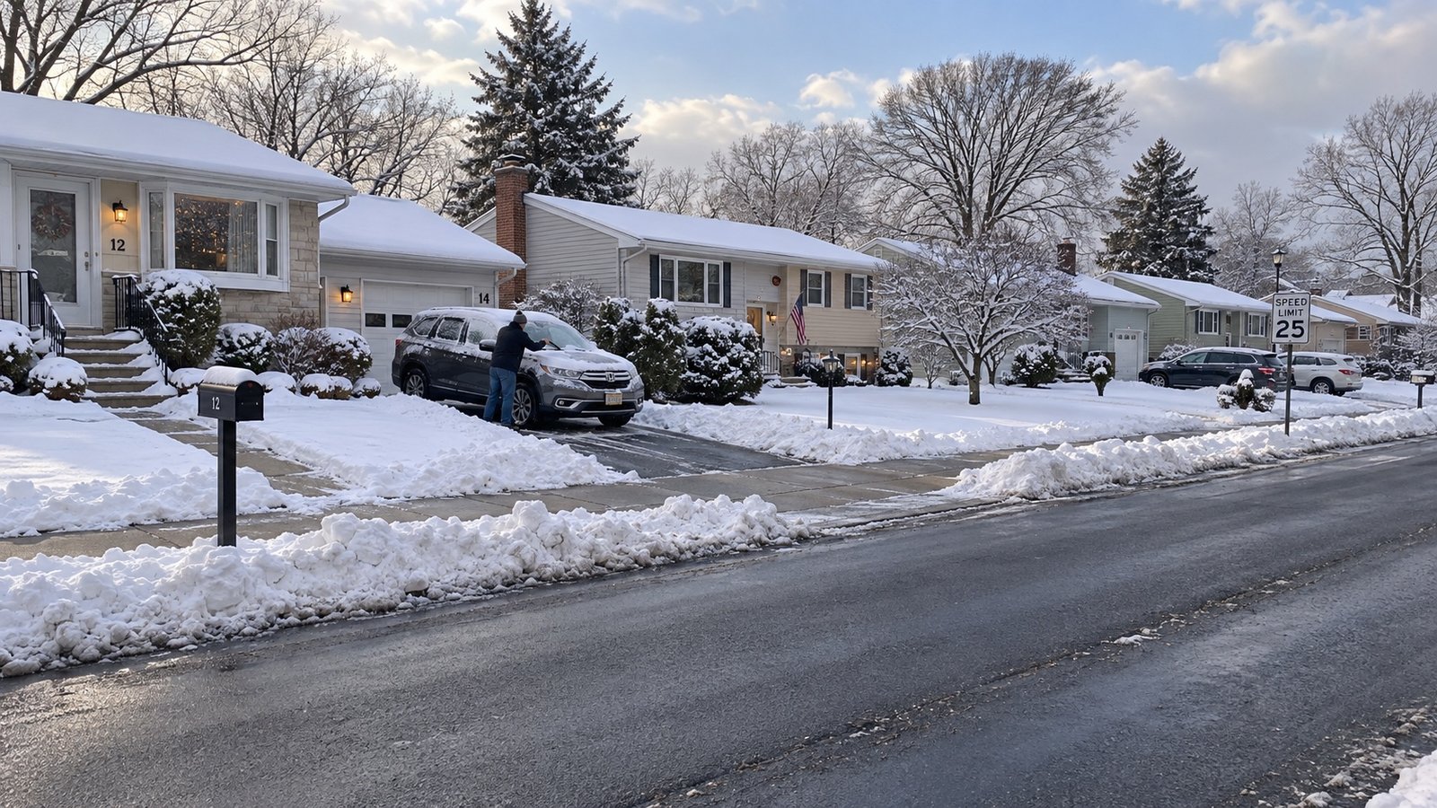 A suburban street after snowfall with plowed piles along the curb and a cleared sidewalk.