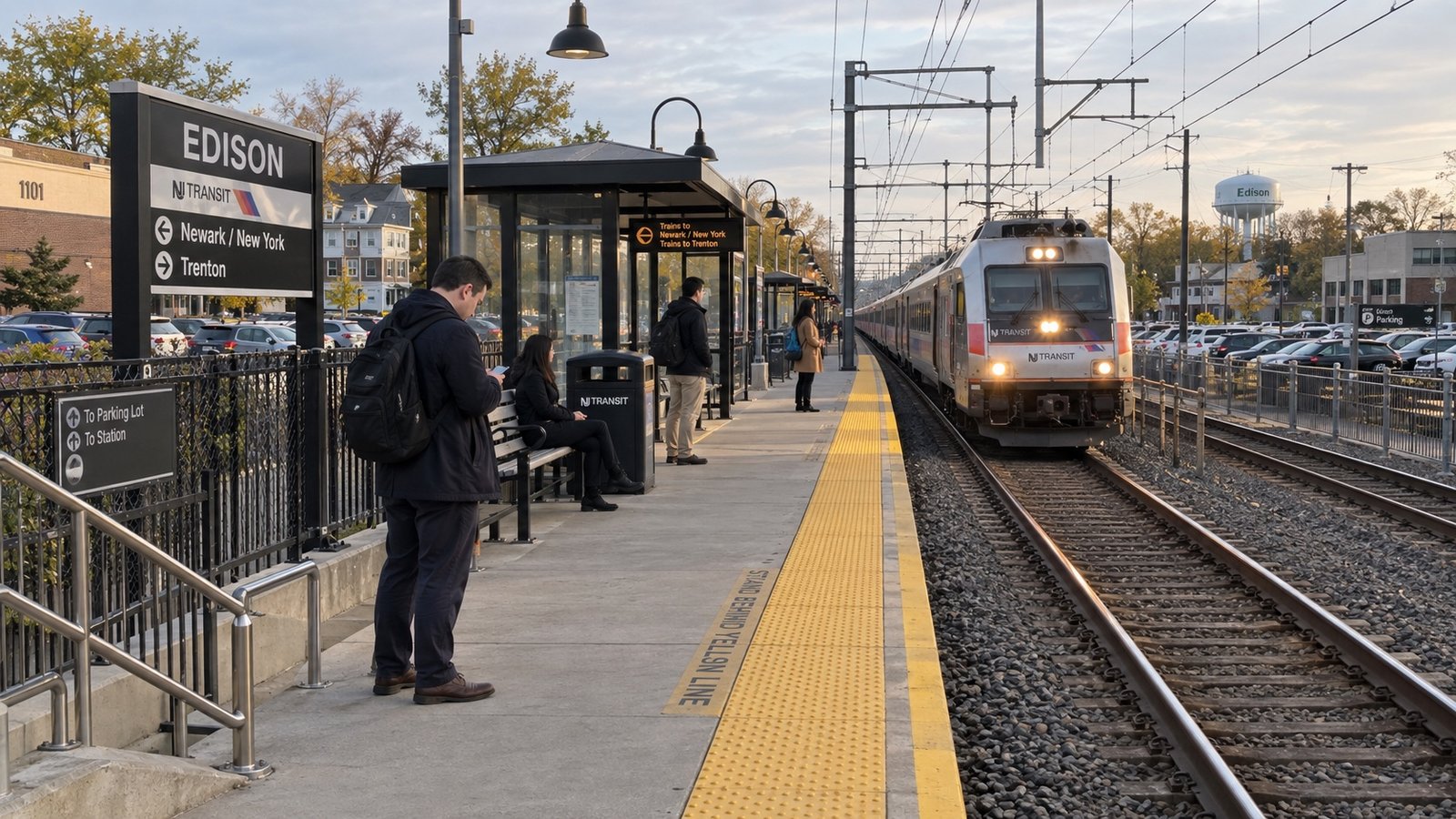 A suburban rail station platform with a waiting shelter, parking lot and low buildings beyond.