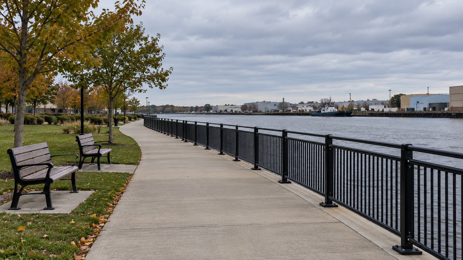 A broad paved waterfront path beside an anchored black rail, with benches on separate pads and low industrial buildings across the water.