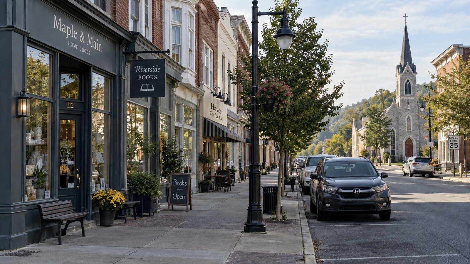 Small storefronts, a clear sidewalk, bench and parked cars, with a church farther along the street.
