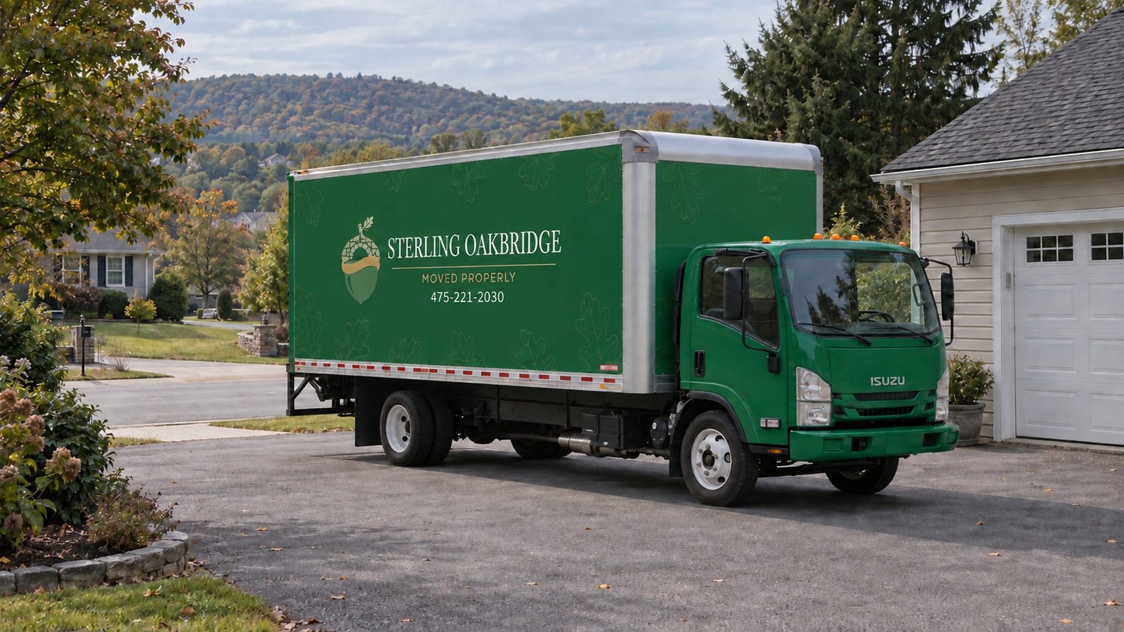 A truck position inside the property A complete green Sterling Oakbridge Isuzu box truck parked on a paved court beside a detached garage, with the street beyond.