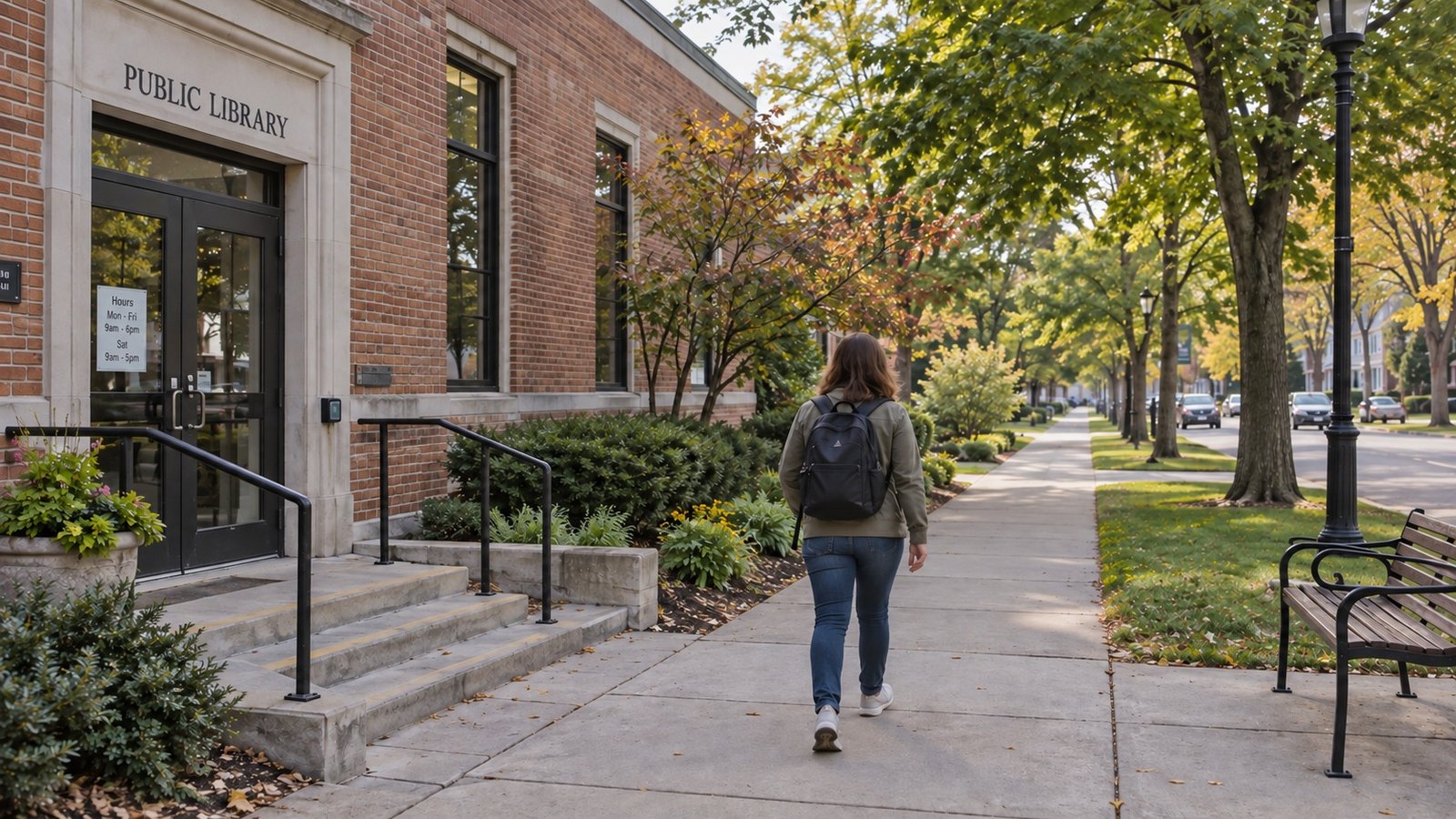 A woman with a backpack walking along a tree-lined sidewalk beside a brick public library with steps and rail.
