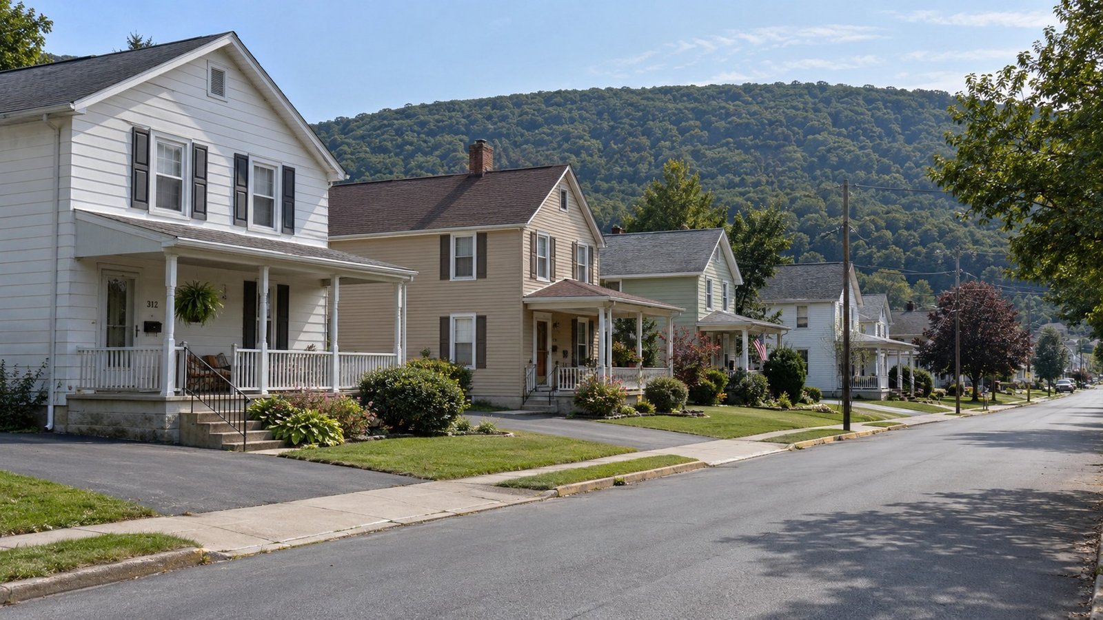 A residential street and its approaches Porch-front houses, small lawns and driveways along a residential street below a wooded valley ridge.