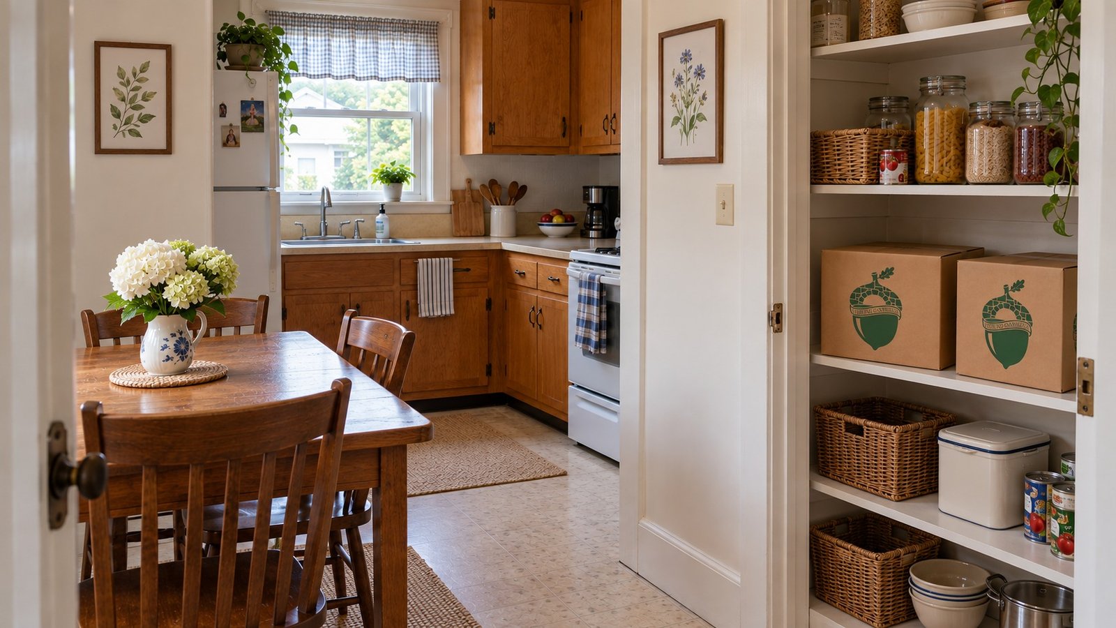 A wood-table kitchen and pantry passage with two separate closed kraft cartons on a shelf and botanical wall pictures.