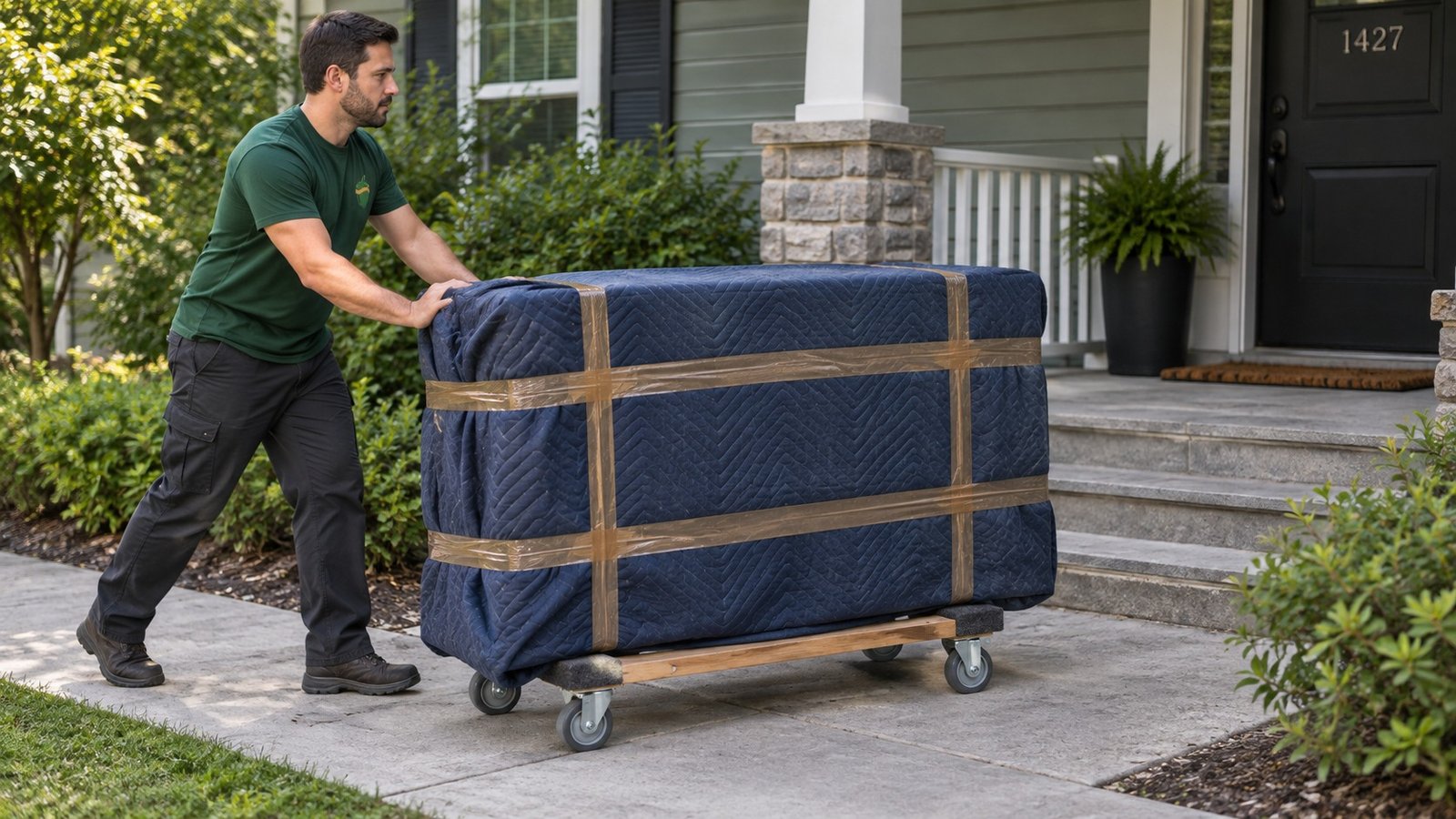 The level rolling route A male mover pushing a quilted-blanket-protected dresser on a wooden furniture dolly along a level path beside porch steps.