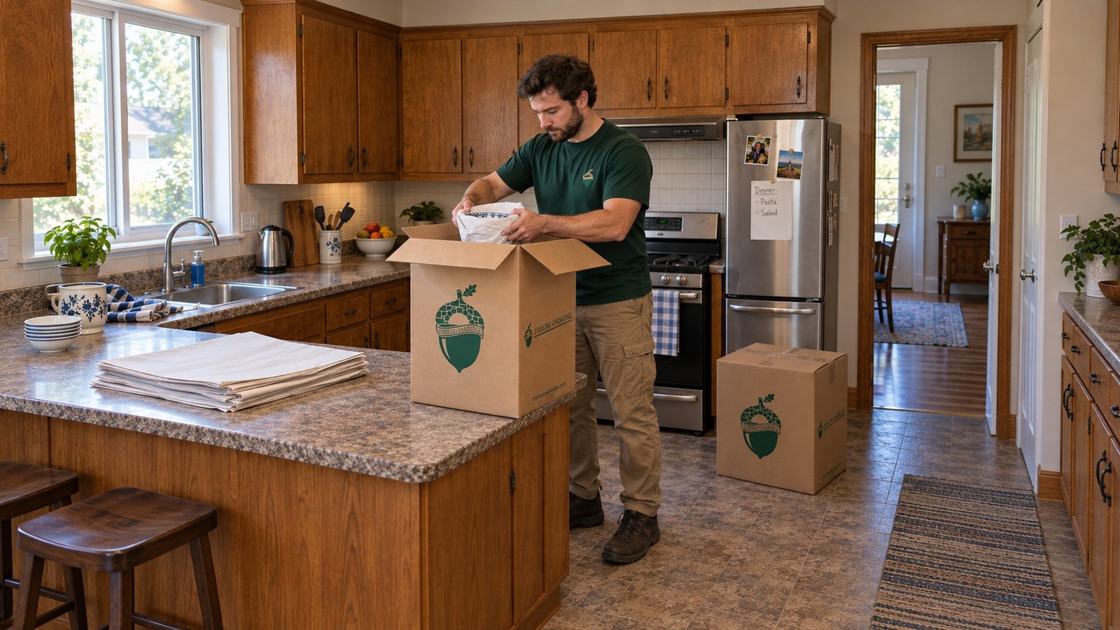 Packing a kitchen task A male mover in a green work shirt placing a paper-wrapped bowl into a tall kraft dish carton, with separate paper sheets on the counter.