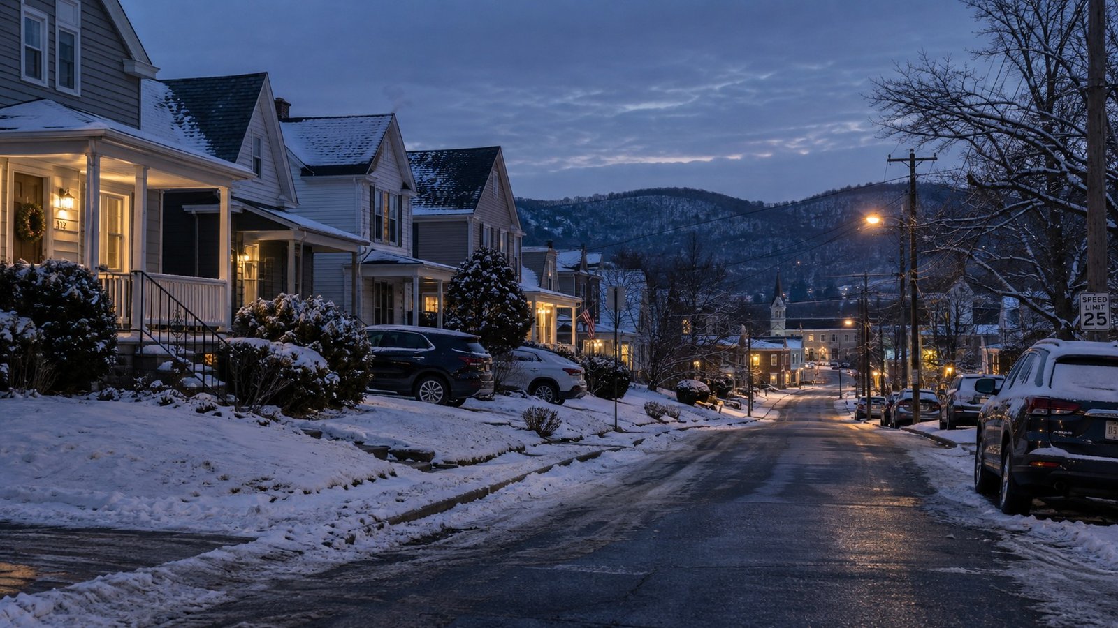 A residential street at winter dusk with snow on yards and roofs, porch lights, and cars at driveways and the curb.