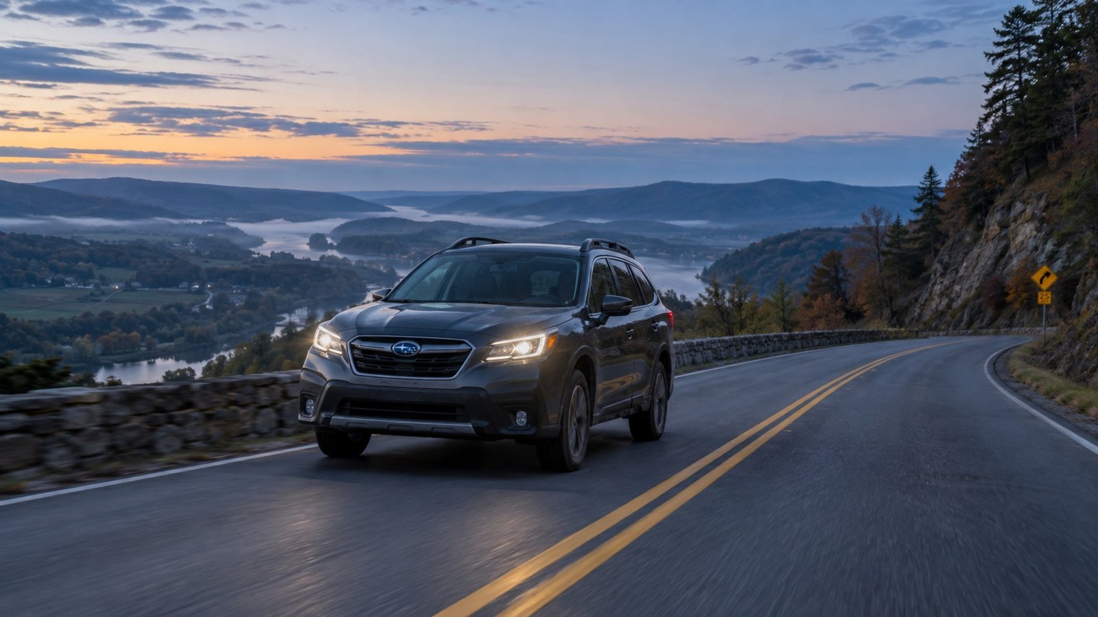 A gray sport-utility vehicle on a curving two-lane ridge road above a river valley at dawn.