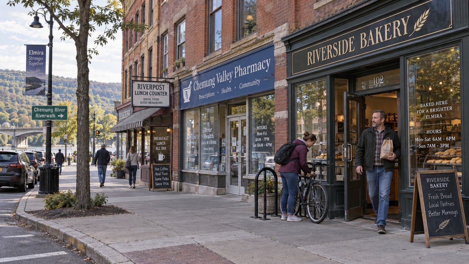A neighborhood commercial corner with older brick buildings and distant pedestrians.