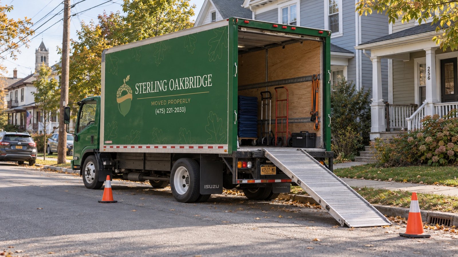 A dark green moving truck with an open rear door and a ramp resting at a residential curb.