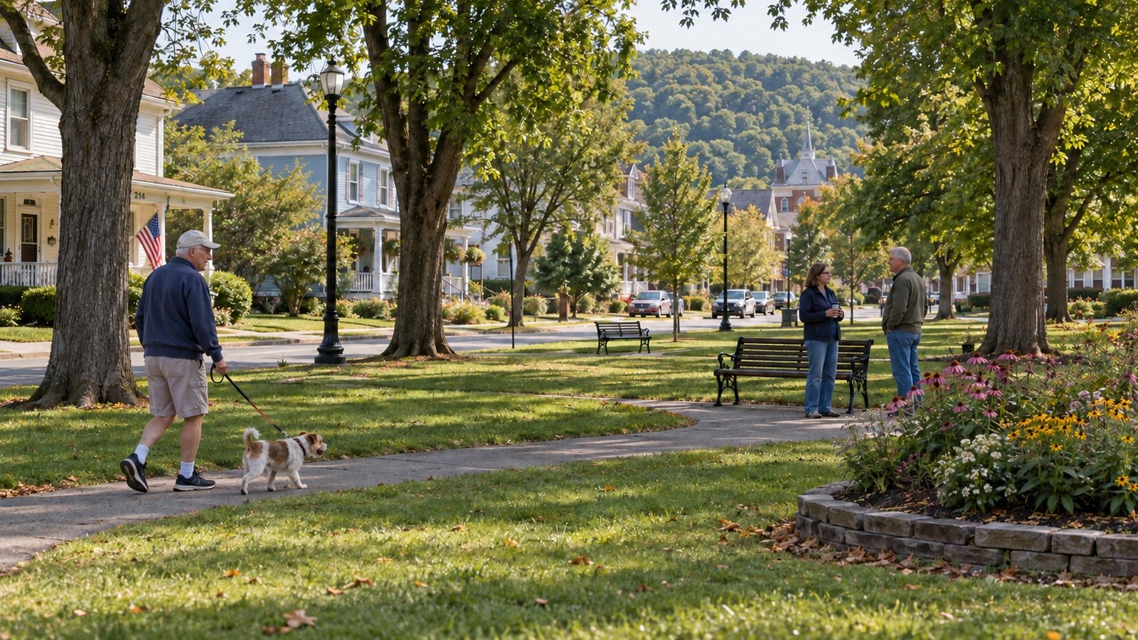 Residents walk a small dog and talk beside benches on a maintained neighborhood park path.
