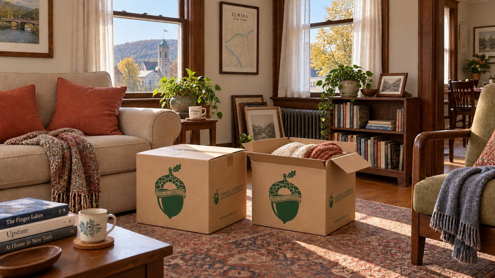 A warm older living room with wood trim, a sofa and two compact branded Medium cartons, one holding folded throws.