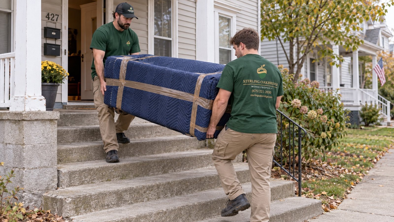 Two movers in forest-green shirts carry a fully blanket-wrapped sofa down broad concrete porch steps.