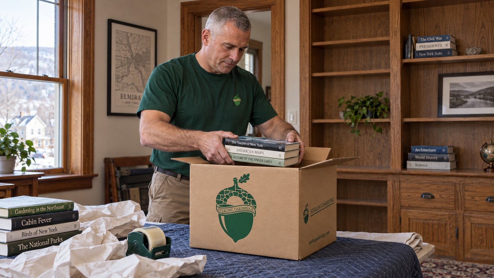 A mover in a forest-green crewneck packs books flat into a small branded Book carton on a protected table in a partly emptied home library.