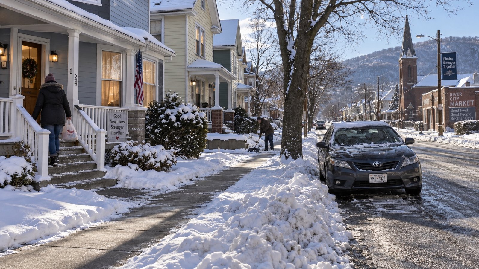 A residential street after snowfall with plowed piles and cleared sidewalks.