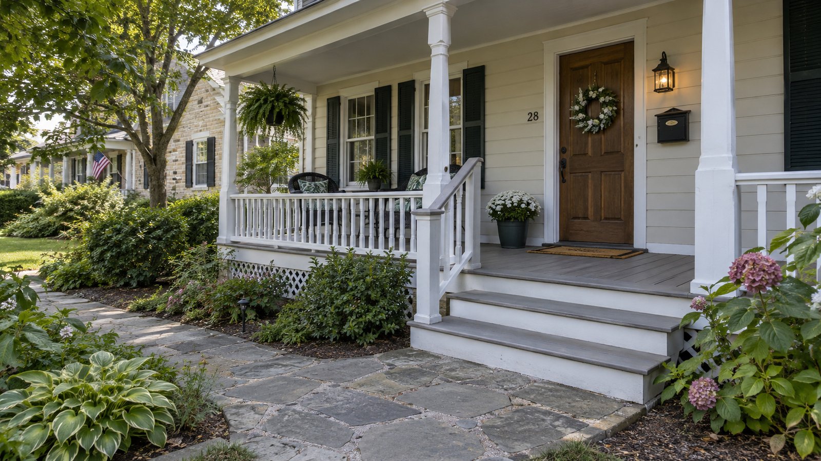 Checking the entrance Closed wooden front door above three porch steps beside a continuous handrail.