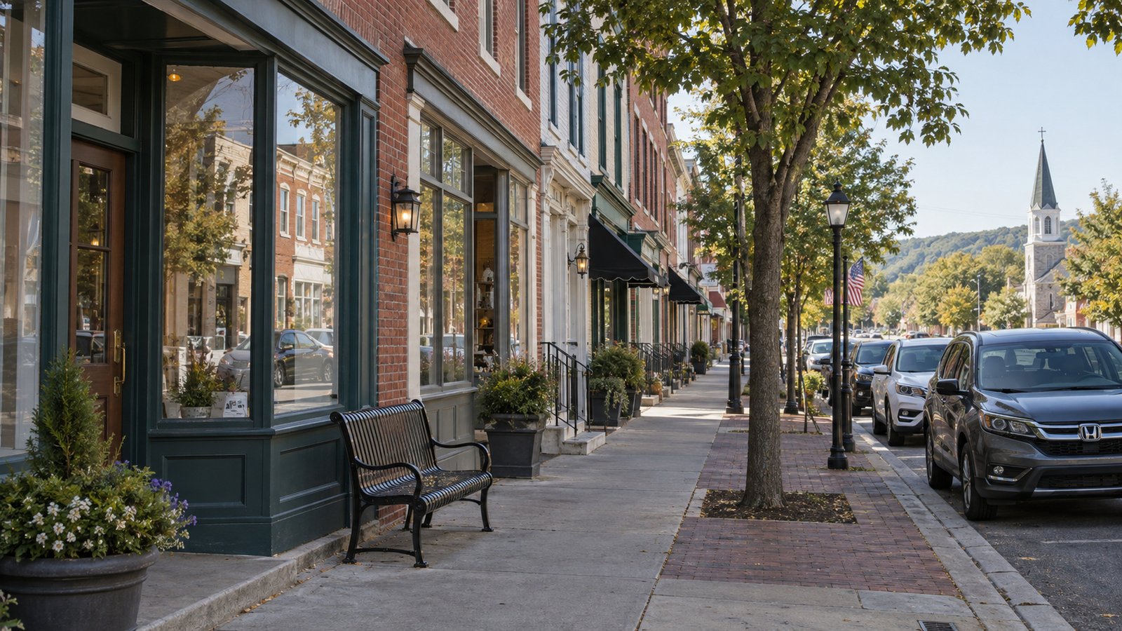 Brick shop frontage with a sidewalk, bench and closed glass entrance.