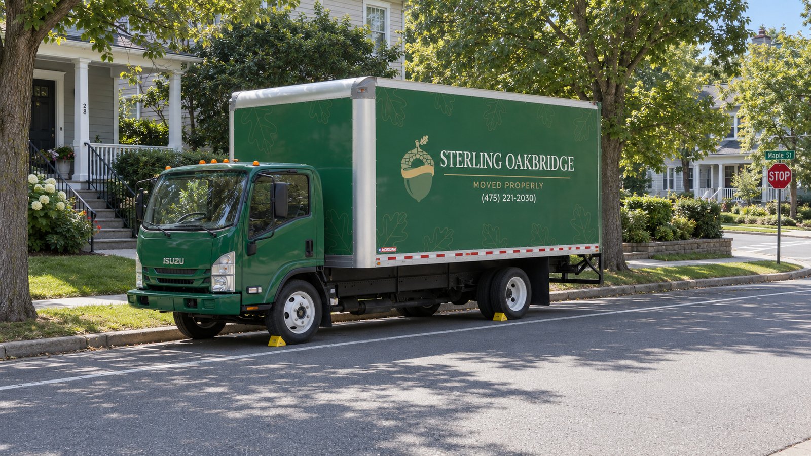 Planning the truck position Green Sterling Oakbridge box truck parked parallel to a broad residential curb.