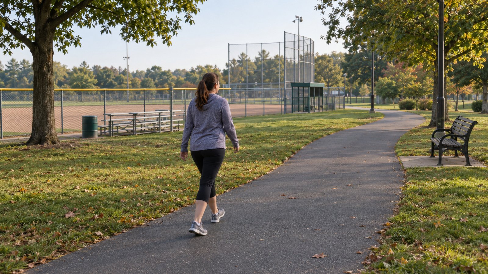 Woman walking along a paved park path beside a ballfield and bench.