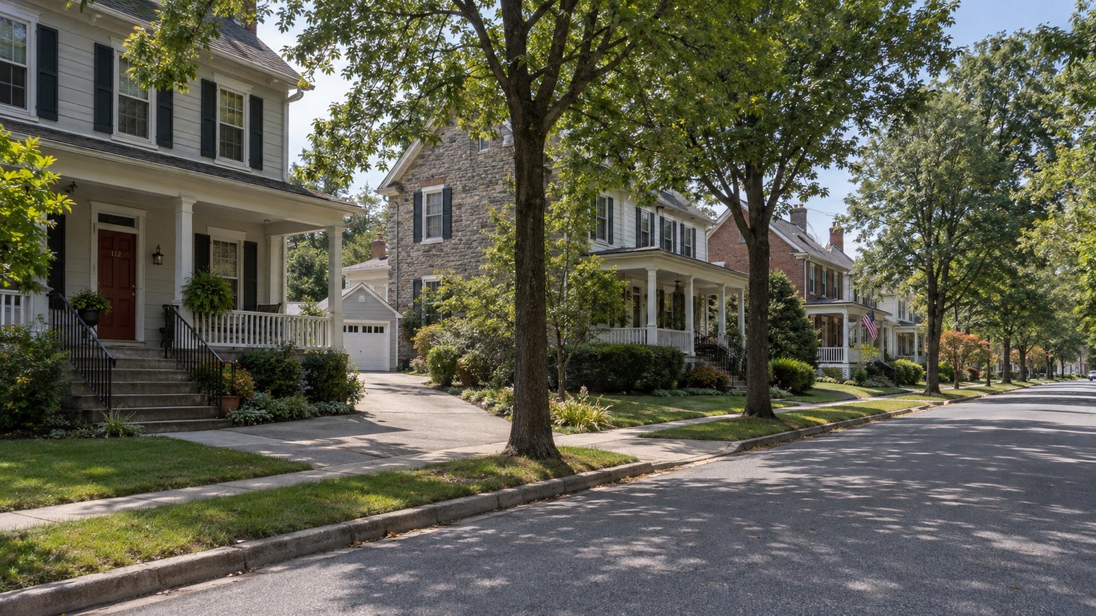 Reviewing a residential approach Quiet residential street with older houses, porches, mature trees and driveways.