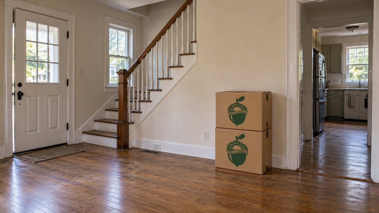 House entry beside an indoor staircase and two closed kraft cartons.