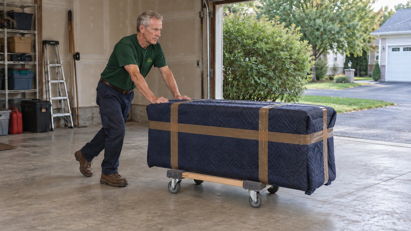 A mover rolls a blanket-protected chest on a short furniture dolly across a level garage floor.