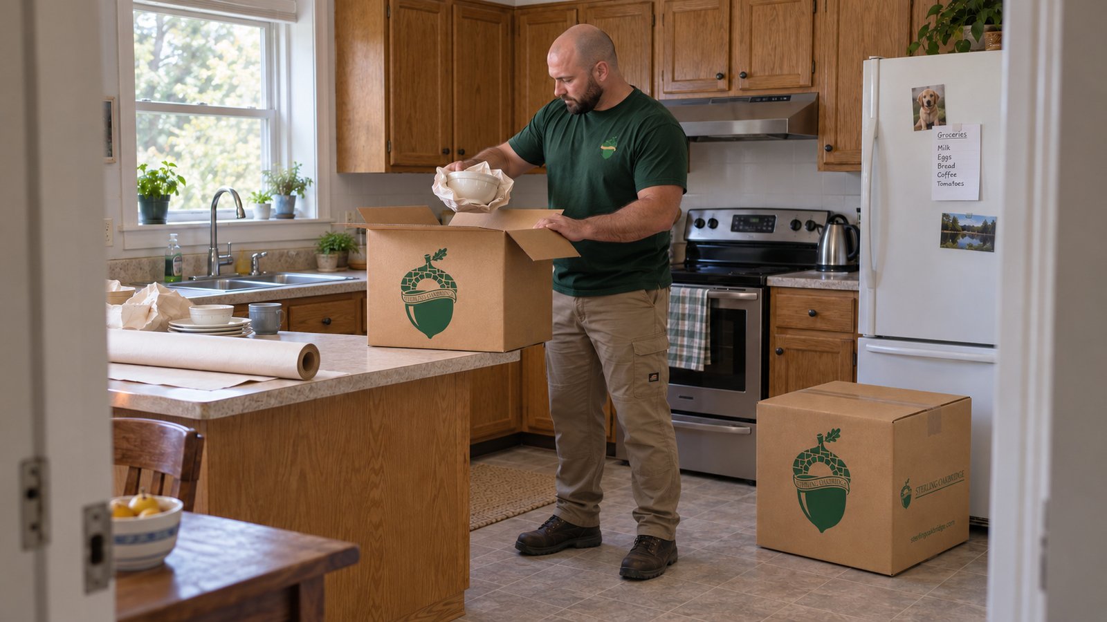 Packing fragile kitchen items Male mover holding a paper-wrapped bowl above an open kraft carton beside a kitchen counter.