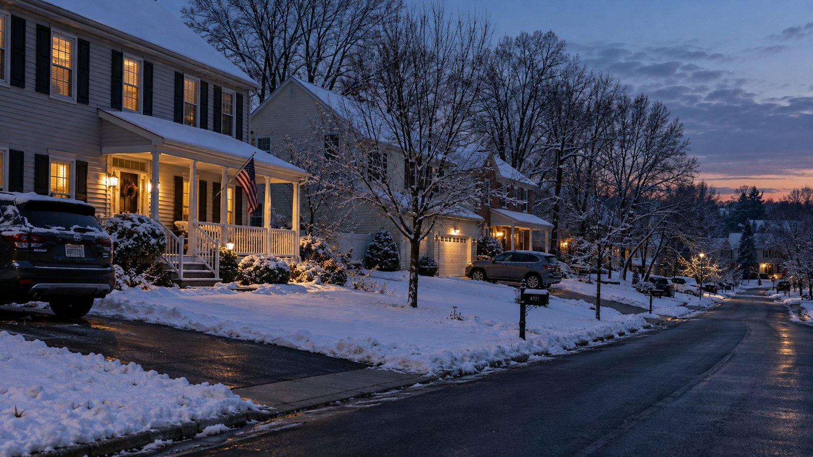 Residential street at winter dusk with snow on lawns and parked cars in driveways.