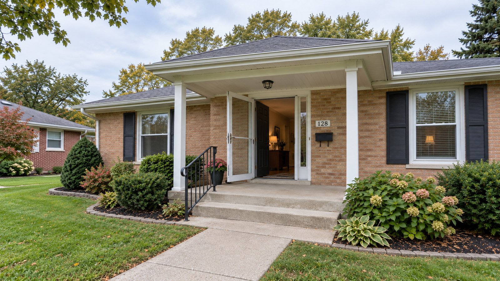 Check the entrance and turning space A covered ranch porch with open inner and storm doors, low steps and a handrail.