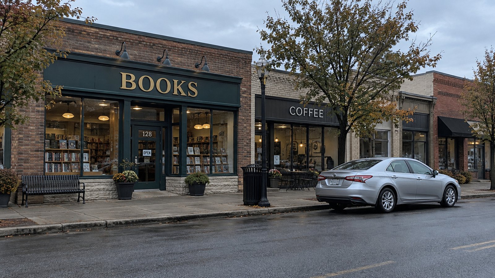 Test the destinations you need A complete bookshop frontage and silver sedan along a suburban commercial sidewalk.