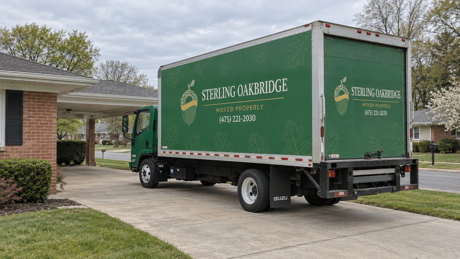 Confirm a usable truck position A complete green Sterling Oakbridge Isuzu NPR16 truck standing on a paved private drive beside a carport.