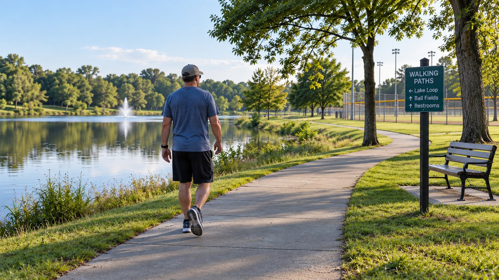 Build your first-week routine A resident walking beside a lake on a maintained park path, with a bench and functional path directions.