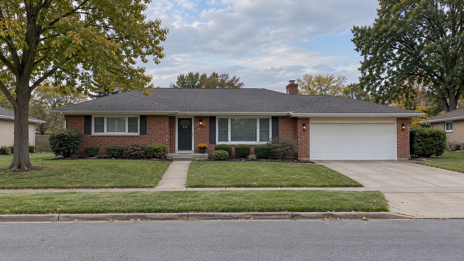 Review the whole outside approach A complete brick ranch home with an attached garage, low front steps, walk and driveway.