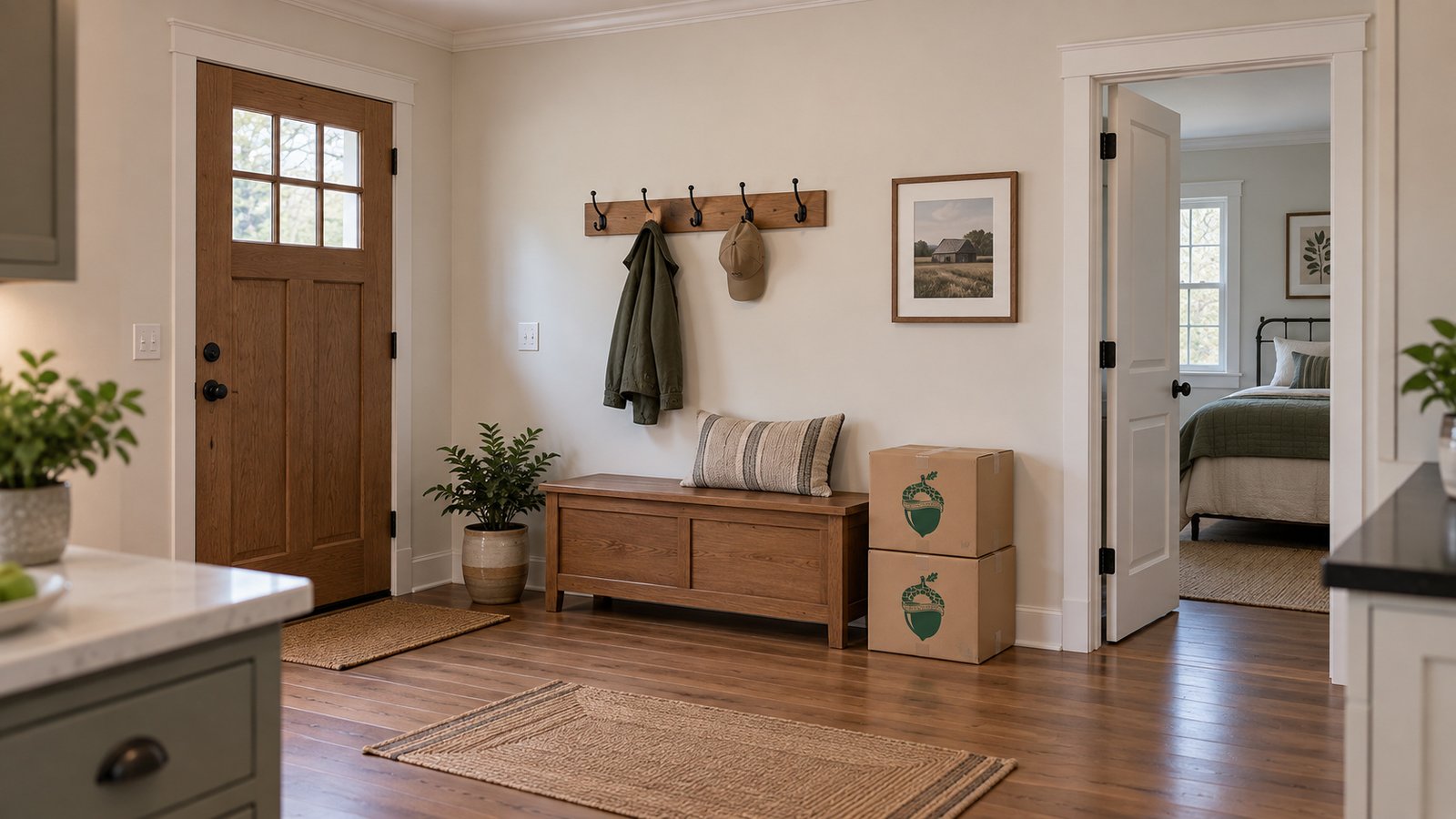 Keep the receiving route usable A receiving bench, two small closed kraft Book cartons and two complete doorways in a level ranch interior.